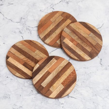 Antique Brown Circle Wooden Coasters - Pack of 4